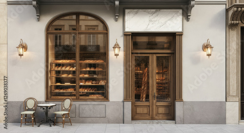 Contemporary artisan bakery facade blending classic elegance and modern style in an urban setting