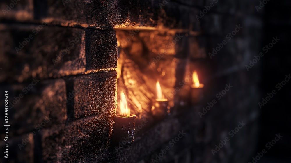 Fototapeta premium Three candles burning in a brick wall alcove scene