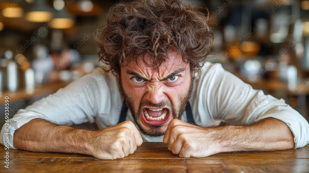 Obraz premium furious man with curly hair expressing anger at restaurant table, showing intense emotions and frustration. His hands are clenched, and he is leaning forward