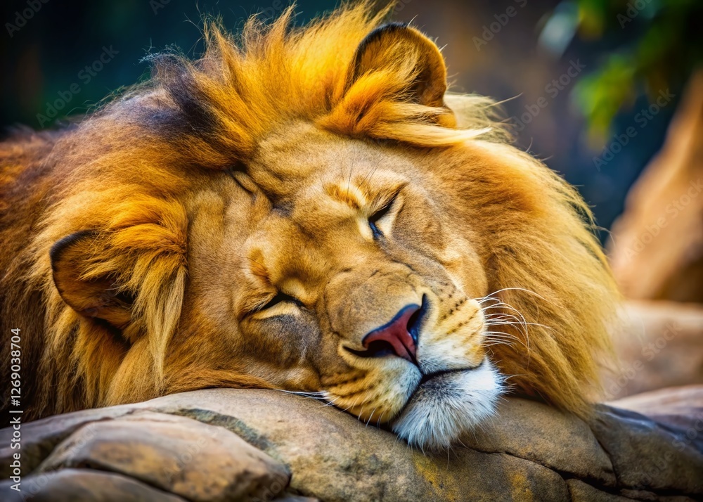 Fototapeta premium Majestic Sleeping Lion Close-Up: Peaceful Wildlife Photography
