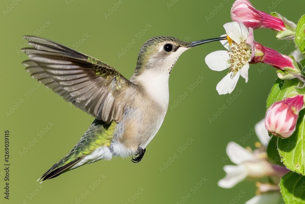 Naklejka premium A hummingbird hovering near a flower, drinking nectar mid-air