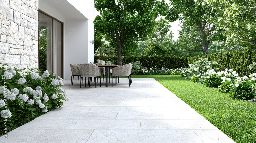 Obraz premium Modern house patio garden design, lush greenery