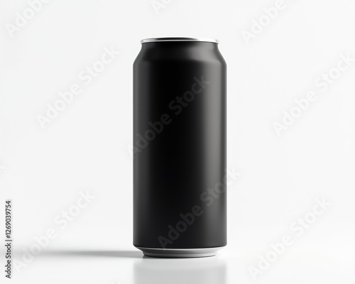 A tall, black beverage can is prominently featured, emphasizing sleek design and modern aesthetics. This can could be used for various drinks, representing versatility.