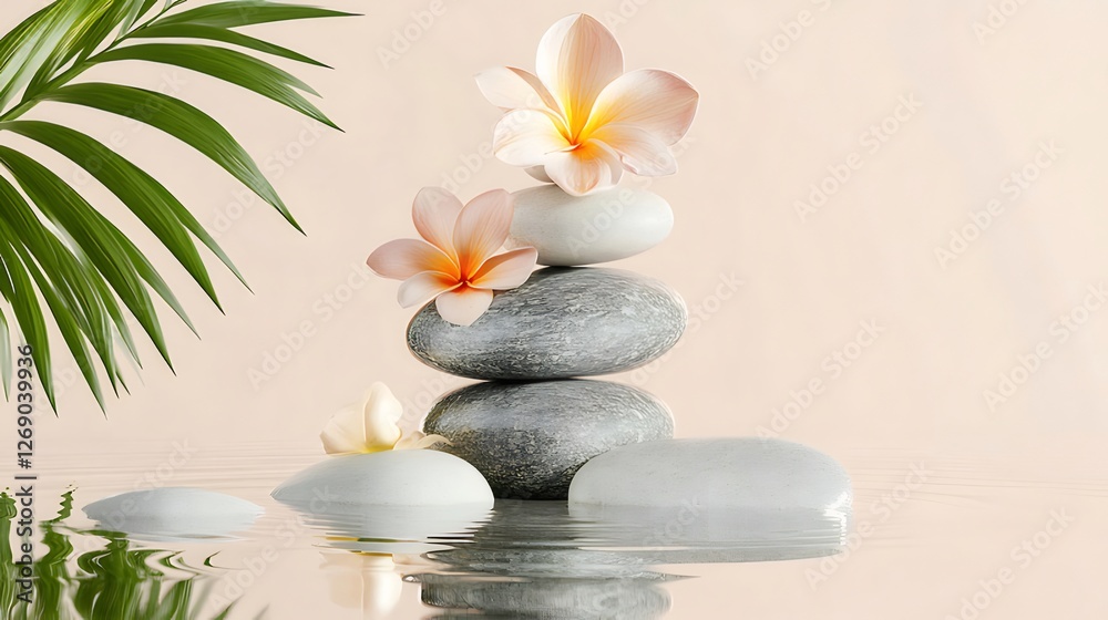 Tranquil spa stones, flowers, palm, reflection Tranquil spa stones, flowers, palm, reflection