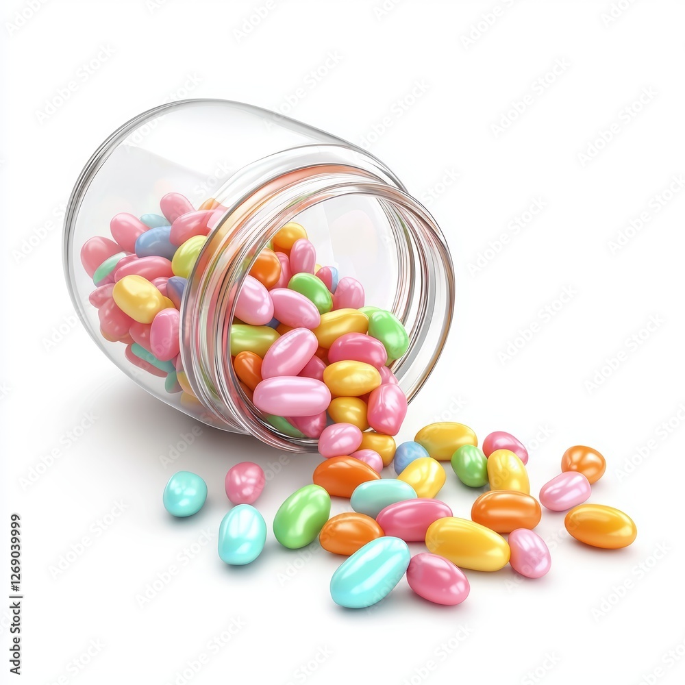 Pastel-colored jelly beans spilling from a jar isolated on white Pastel-colored jelly beans spilling from a jar isolated on white