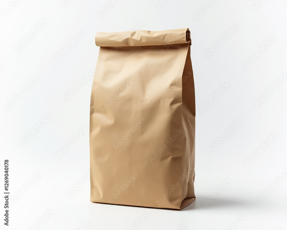 A simple craft paper bag stands upright on a clean, white surface in a minimalist studio. This practical packaging emphasizes sustainability in modern design. A simple craft paper bag stands upright on a clean, white surface in a minimalist studio. This practical packaging emphasizes sustainability in modern design.