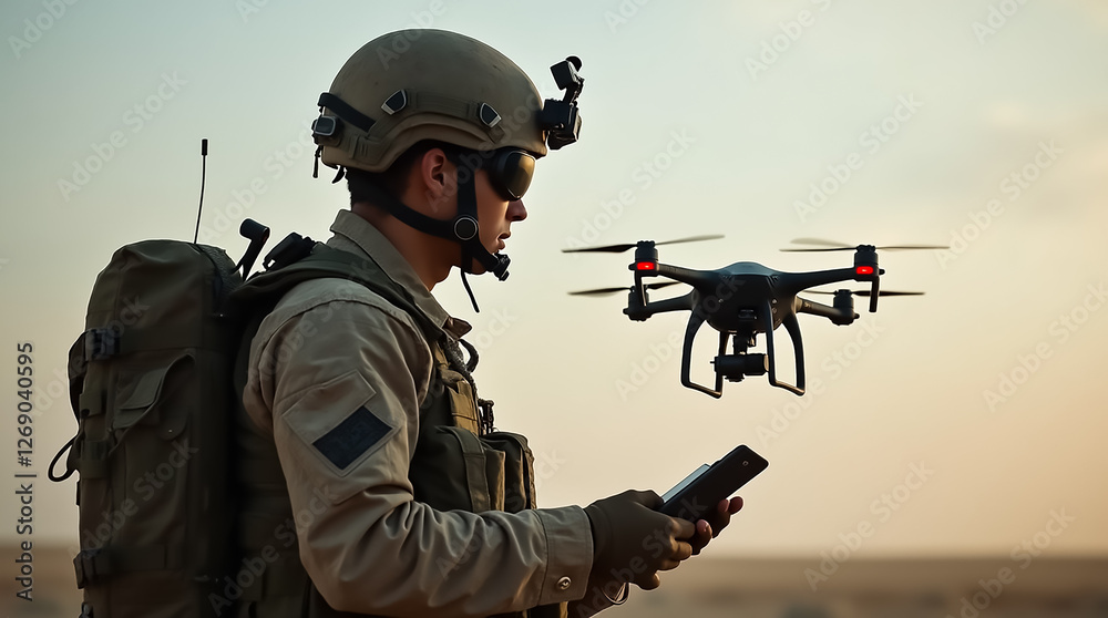 Fototapeta premium A soldier dressed in tactical gear stands in a desert setting, controlling a drone with a smartphone as the sun sets, preparing for aerial reconnaissance.