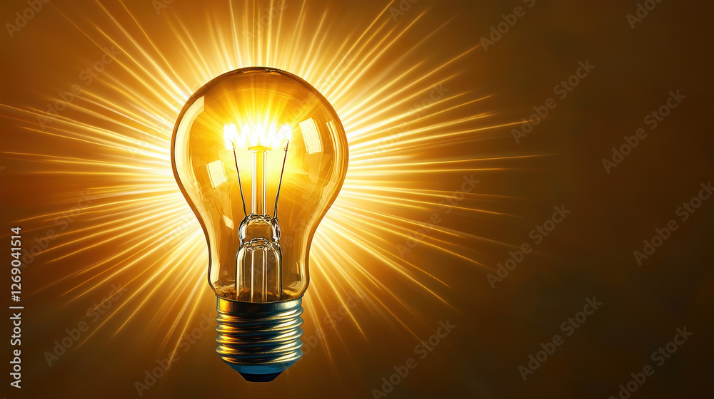 glowing light bulb radiates bright rays of light, illuminating space glowing light bulb radiates bright rays of light, illuminating space