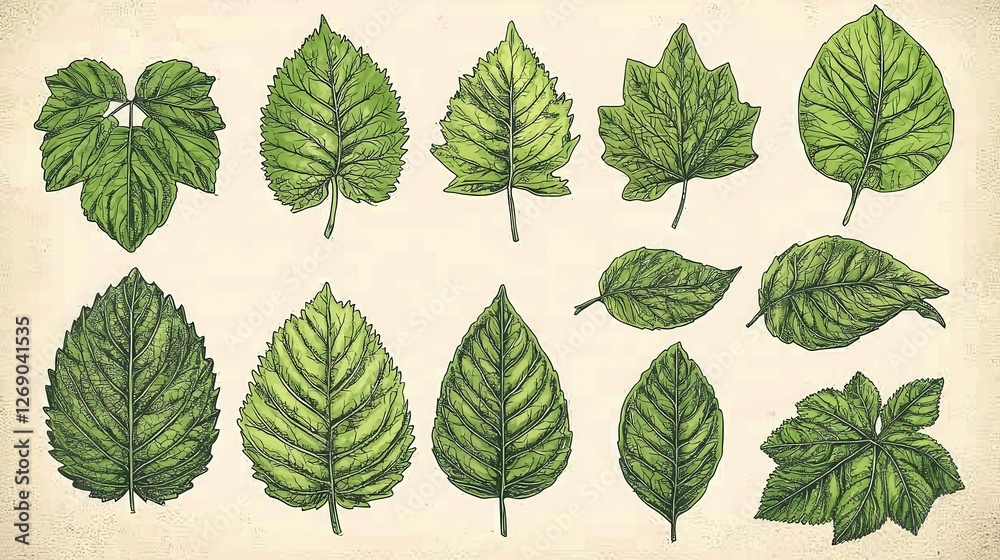 Obraz premium Hand-Drawn Illustration of Various Leaves in Soft Green Tones