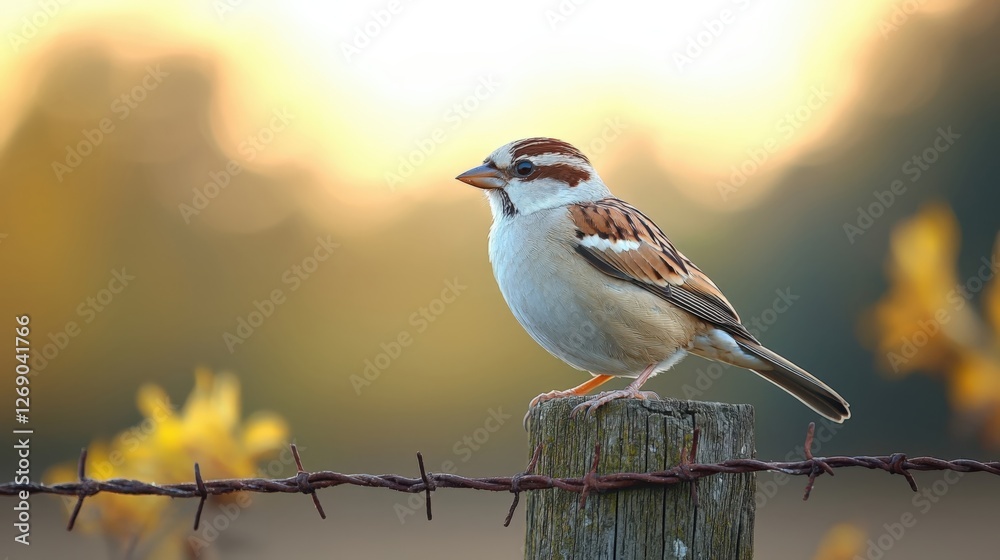 Beautiful Sparrow Perched on Rustic Fence Post at Sunset