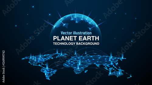 Futuristic World Map and Global Connectivity: Abstract Blue Planet Earth Vector for Digital Innovation