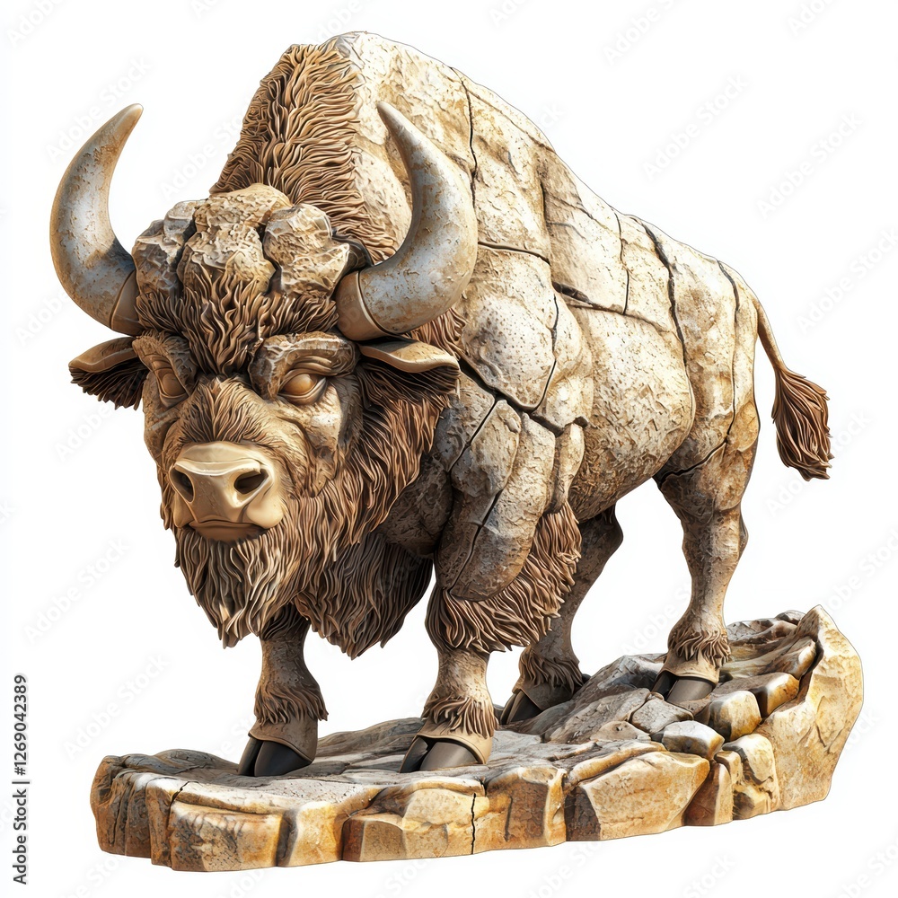 Fototapeta premium Strong bison statue with a rugged texture, isolated on white