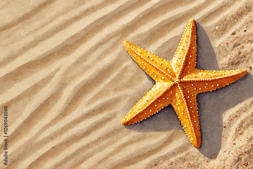 One marine five-pointed starfish lies on the wet soft white sand of tropical beach, seashore. Summer background. Summer time, relaxing on beach. Watercolor drawing. Close-up. Copy space for text. One marine five-pointed starfish lies on the wet soft white sand of tropical beach, seashore. Summer background. Summer time, relaxing on beach. Watercolor drawing. Close-up. Copy space for text.