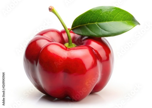 A single, glistening acerola cherry (Malpighia glabra) stands out against a pure white background; a high-resolution stock image. photo