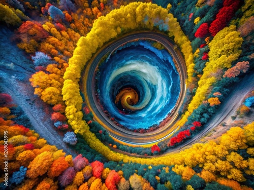 Mesmerizing Abstract Swirling Tunnel: Blue, Yellow, Red Aerial Design
