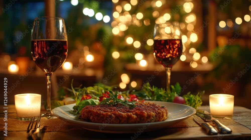A romantic dinner setting with wine, salad, and a main dish, illuminated by soft lights. A romantic dinner setting with wine, salad, and a main dish, illuminated by soft lights.