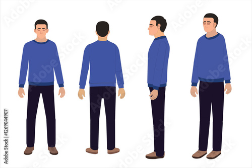Set of Businessman character in all poses, front, back and side view, Businessman Causal Outfit, 2d character, Vector realistic illustration.