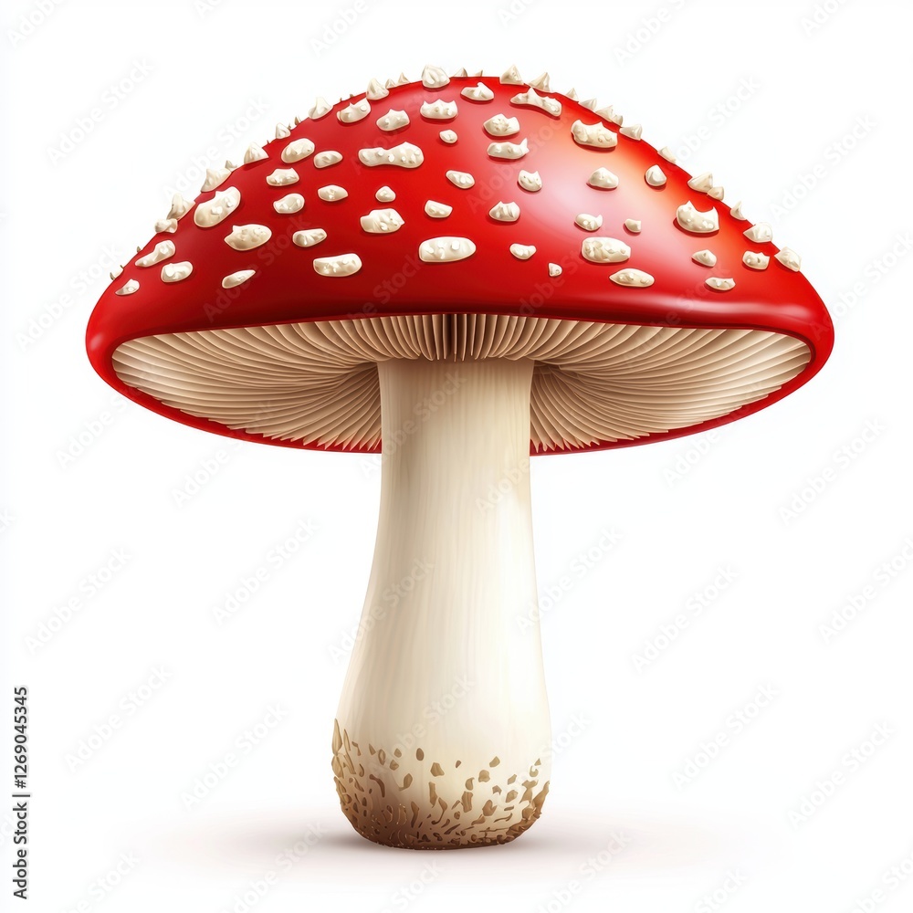 Of Hovering fly agaric mushroom with bright red cap and white spots isolated on white Of Hovering fly agaric mushroom with bright red cap and white spots isolated on white