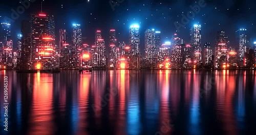 Neon cityscape reflected in calm water at night.