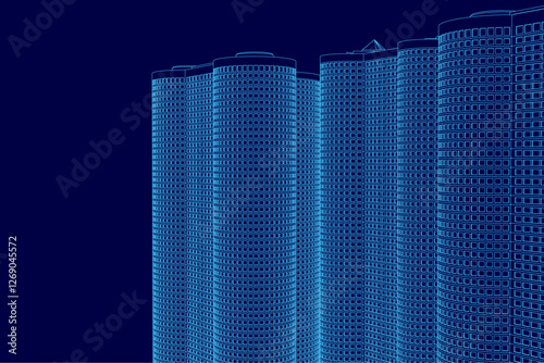 A blue image of a building with a blue background. The building is made up of many lines