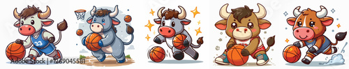 vector of cute bulls playing basketball