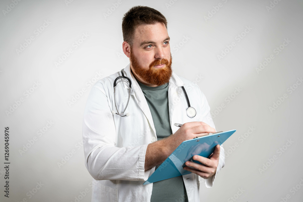 Doctor Writing in clipboard Watching in Camera. Caucasian Man Doctor Clipboard Isolated. Happy young doctor using a tablet Doctor Writing in clipboard Watching in Camera. Caucasian Man Doctor Clipboard Isolated. Happy young doctor using a tablet
