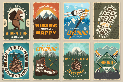 Set of hiking outdoor adventure flyer, poster, banner with hiker bear with backpack, mountain, hiking poles and pine cone. Vector.