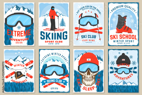 Enjoy the cold. Vector ski club retro flyer, poster, banner with mountain, ski glasses, skull skeleton, ski, helmet, ski boot. Family vacation, activity or travel.