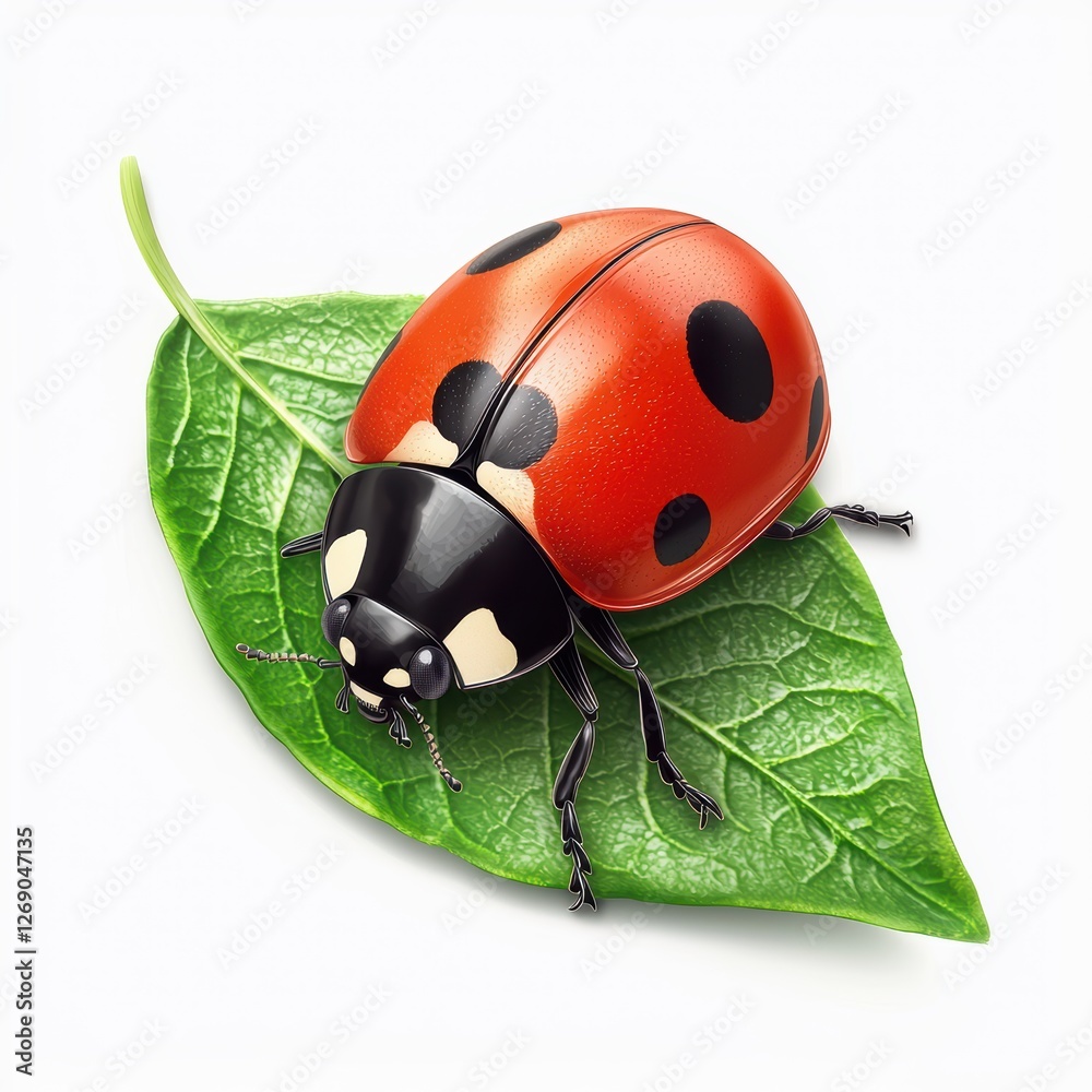 Naklejka premium Ladybug resting on a green leaf isolated on white