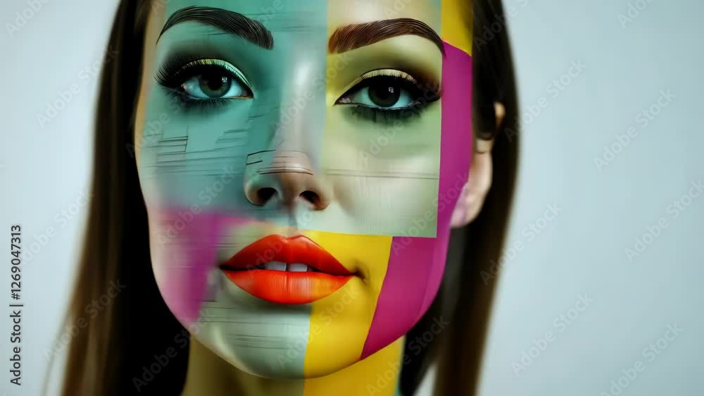 Woman's face is shown in a colorful, abstract style. The colors are bright and vibrant, and the woman's features are exaggerated and stylized. Scene is playful and artistic Woman's face is shown in a colorful, abstract style. The colors are bright and vibrant, and the woman's features are exaggerated and stylized. Scene is playful and artistic
