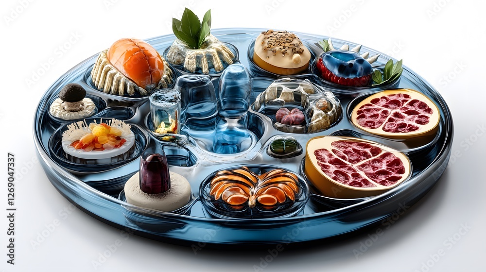Fototapeta premium Abstract Culinary Art: Futuristic Food Platter with Vibrant Dishes