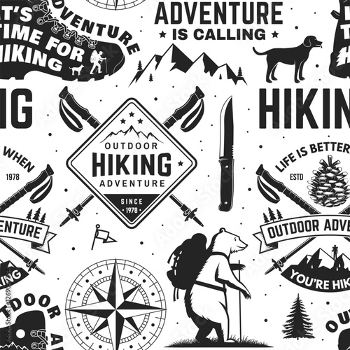 Hiking outdoor adventure seamless pattern with emblems, logos. Background, wallpaper, seamless pattern with human skull skeleton in hat, hiking boot, pine cone, hiker bear with backpack, mountains.