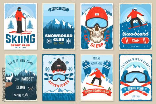 Vector ski club retro flyer, poster, banner with mountain, snowboarder, mountaineers, ski glasses, skull skeleton, ski, helmet, ski boot. Family vacation, activity or travel. Extreme winter sport