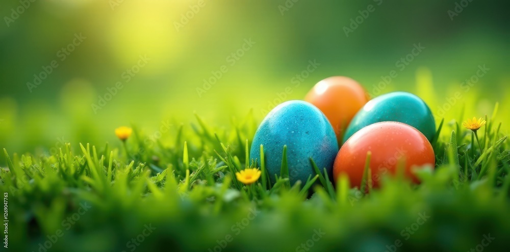 Deep blue, orange, and green eggs nestled in fresh spring grass , nature, texture Deep blue, orange, and green eggs nestled in fresh spring grass , nature, texture