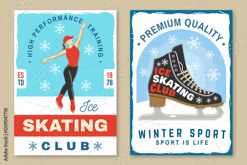 Set of Ice Skate club flyer, poster, banner design. Concept for shirt or logo, print, stamp or tee with skate, helmet, ice skater girl. Winter sport. Vector illustration.