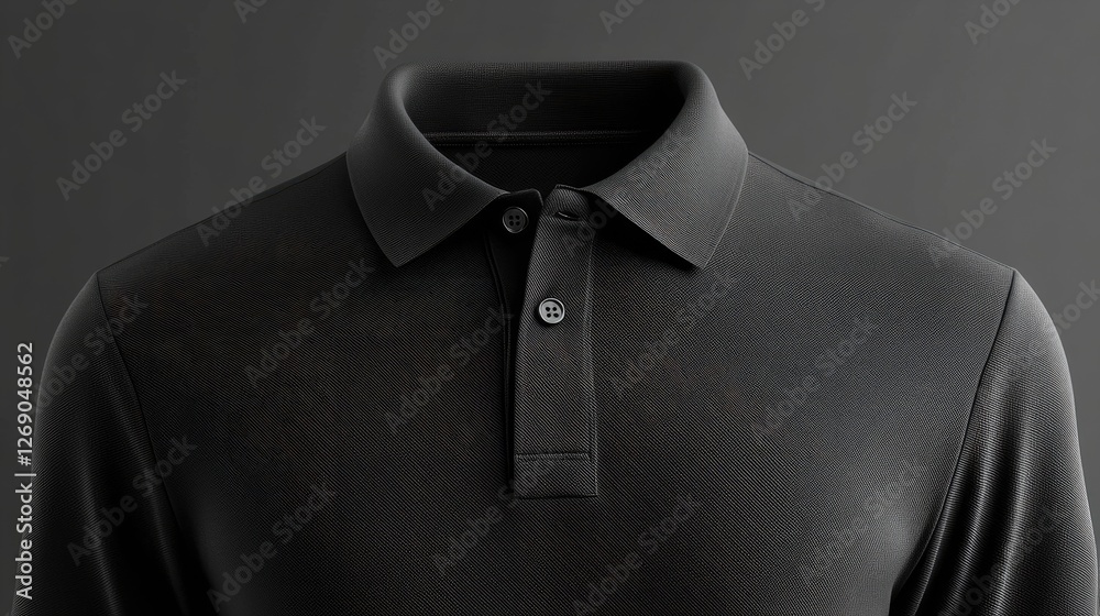 Black polo shirt displayed against a minimalistic dark background, showcasing fabric texture and design Black polo shirt displayed against a minimalistic dark background, showcasing fabric texture and design