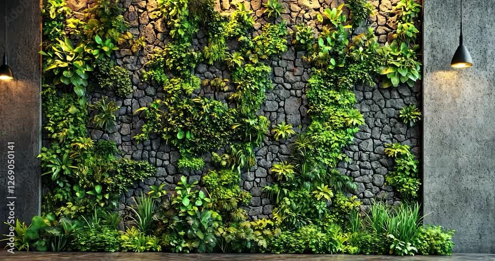 Lush greenery on a stone wall in a modern interior.
