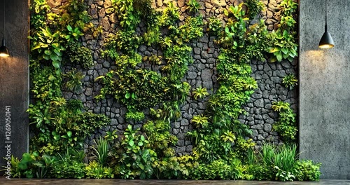 Lush greenery on a stone wall in a modern interior.