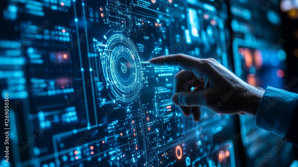 Hand interacts with glowing digital data display. Hand interacts with glowing digital data display.