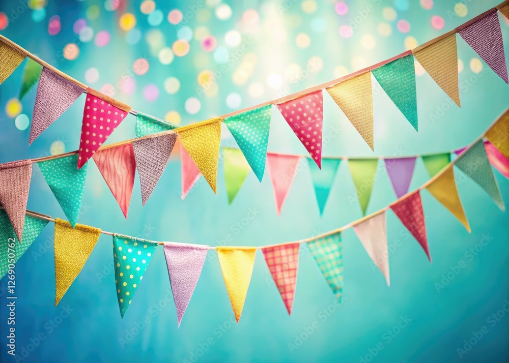 Obraz premium Colorful party flags create a whimsical, surreal birthday scene.