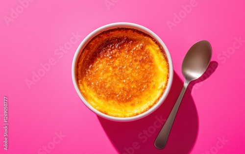 Caramelized crÃ¨me brÃ?lÃ?e with golden crust on a vivid pink background photo