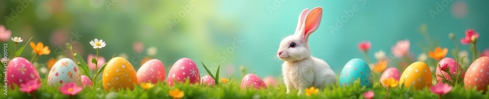 Osterhase sitting on Easter eggs as a shepherd, surrounded by colorful eggs and flowers, Seasonal, Osterhase, Flowers Osterhase sitting on Easter eggs as a shepherd, surrounded by colorful eggs and flowers, Seasonal, Osterhase, Flowers