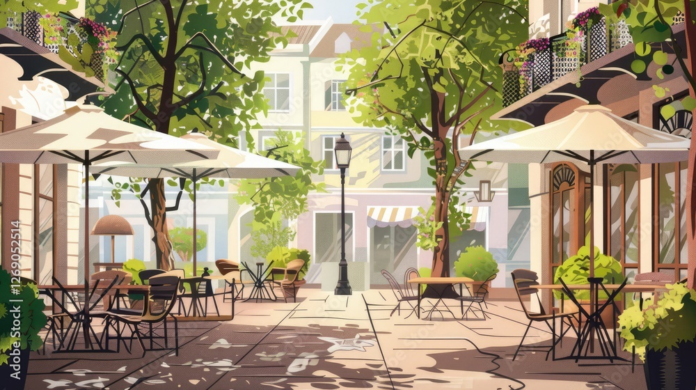 Obraz premium A sunny outdoor café scene in a charming European street with tables, umbrellas, and greenery in the background