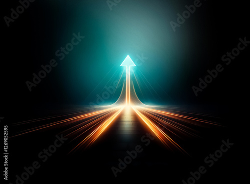 A glowing cyan arrow ascends from a dark road, representing growth and progress.  Streaks of orange light illuminate the path to success.