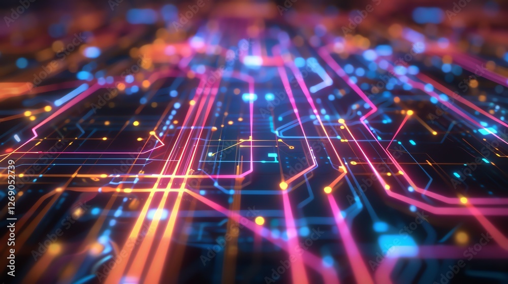 Fototapeta premium 3D rendering. Futuristic motherboard. Electronic circuit board with glowing lines. High-tech background.