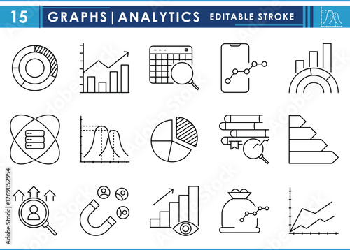 A set of line icons related to Graphs and Analytics. Charts, graphs, statistics, growth, insight, attract, data science, and so on. Vector editable stroke.