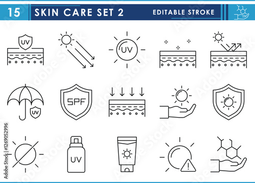 A set of line icons related to Skin Care. UV rays, filter, sunscreen, glowing skin, umbrella, sun, rays, warn, and so on. Vector editable stroke.