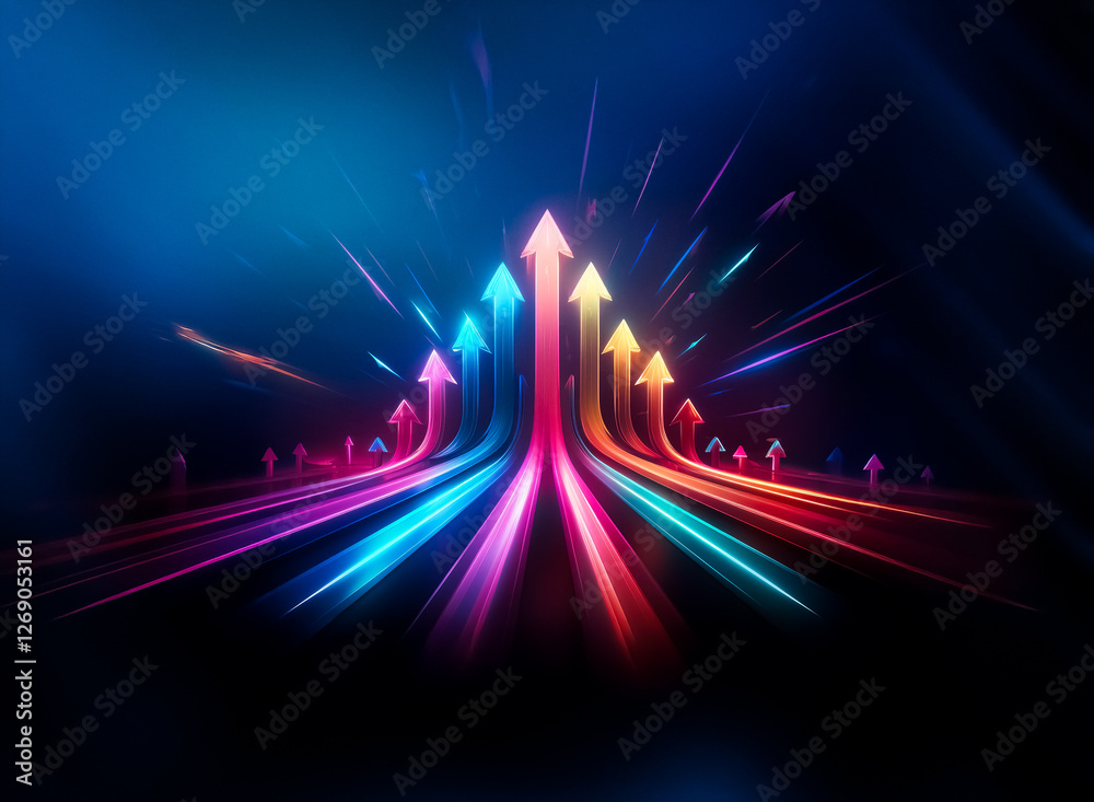 Multiple neon arrows pointing upwards against a dark background with lines of light extending outwards. Multiple neon arrows pointing upwards against a dark background with lines of light extending outwards.