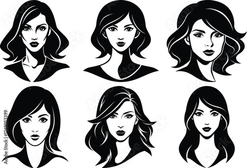 woman head silhouette set, female face icon vector illustration 