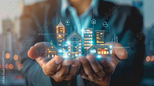 Businessman holding building of real estate construction icon.